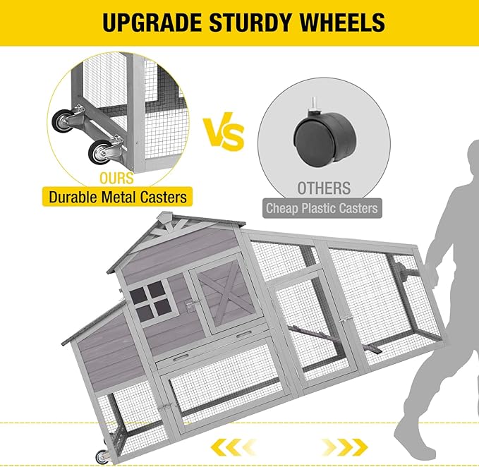 Chicken Coop Outdoor Wooden Poultry Cage with Waterproof Roof, Nesting Box, Pull Out Tray, Mobile Hen House for 2 4 Chickens, Large Chicken Tractor with Wheels (Grey)