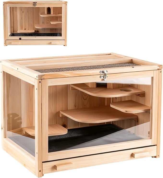 RUNSHED Hamster Cage Wooden Chew Proof, Large Hamster Cages and Habitats, Openable Top with Acrylic Sheets, Solid Built Small Animal Cage,Easy to Assemble