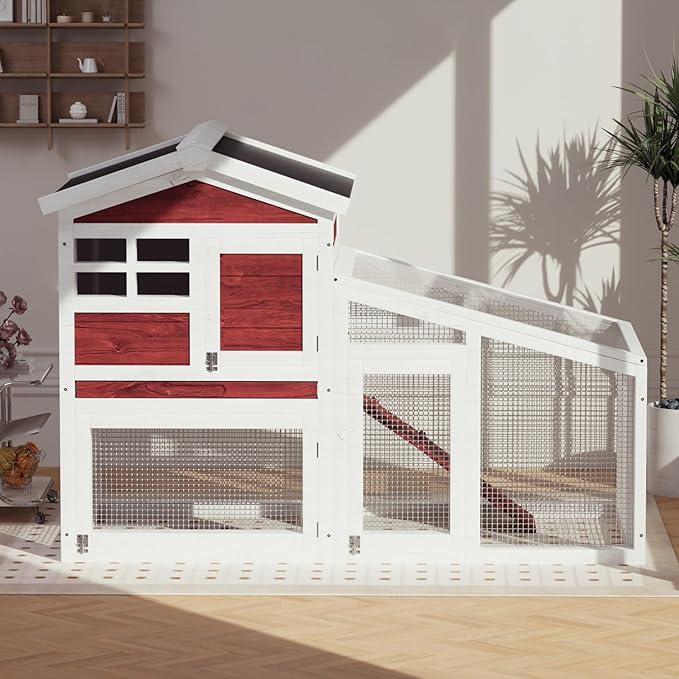 Garvee Wooden Rabbit Hutch Indoor and Outdoor, Rabbit Cage with Removable Wire Netting and Leak Proof Tray, Weatherproof Bunny Cage with Anti-Chew Metal Frame Ramp for Small Animals Rufous White