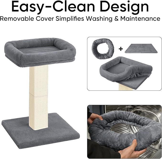 AGYM Cat Scratching Post, 32”Cat Scratcher with Large Plush Perch, Sisal & Carpet Scratching Post, Vertical Posts with Elevated Bed for Indoor Cats, Removable& Washable Cover, Grey
