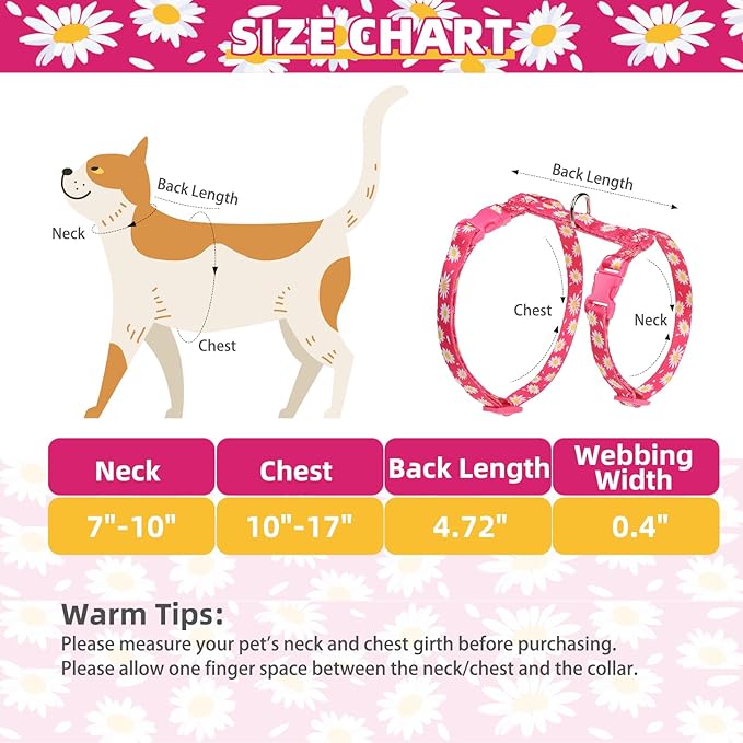 PUPTECK Adjustable Cat Harness and Leash Set Escape Proof Kitten Strap Collar for Walking Travel, Daisy Pattern