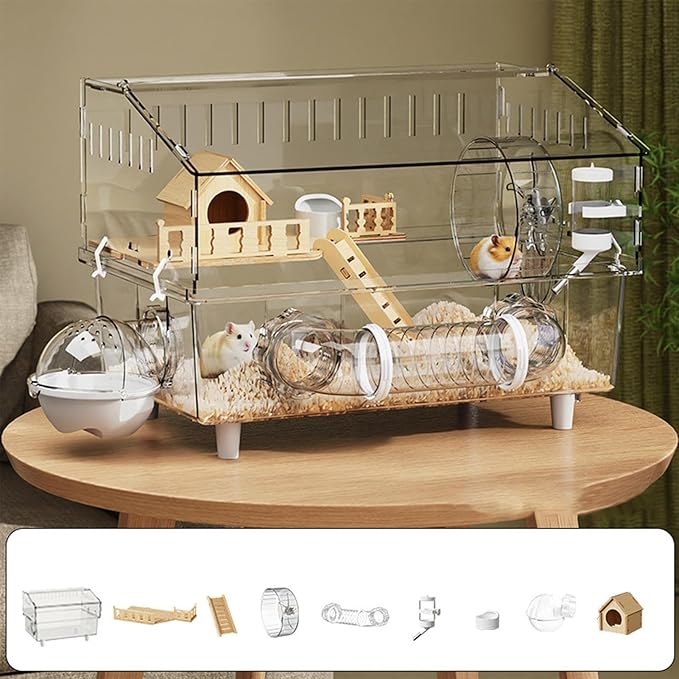 Hamster Cages - Detachable Acrylic Crate 45 * 30 * 34.5cm,Hamster Enclosure | for Outdoor Travel Small Animal House Play Home