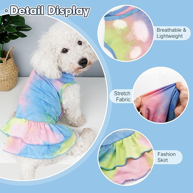 cyeollo 2 Pack Dog Dresses for Small Dogs Girl Spring Summer Dog Clothes Tie Dye Dress Breathable Pet Doggie Apparel, Large