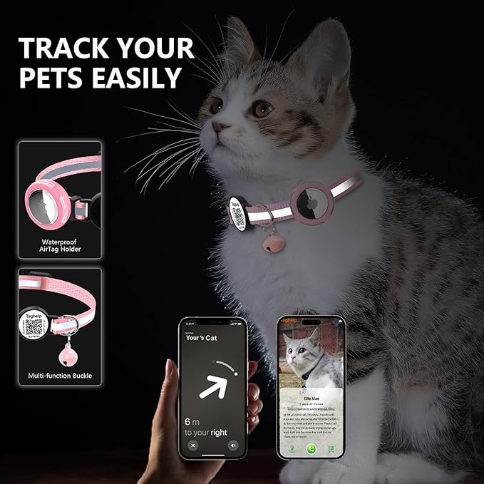 Waterproof Airtag Holder Cat Collar .Lightweight Kitten Collar for Apple Air tag. Solid &Safe,Reflective Pet Collar, Breakaway Smart ID tag, Scan QR Code for Instant Location Alerts (Black A)