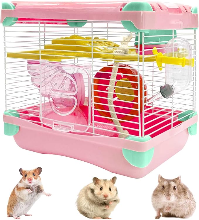 Hamiledyi Portable Hamster Cage 2 Layers Dwarf Hamster Habitat Small Animal Travel Cage with Exercise Wheel Hamster Enclosure Mouse Cage for Hamsters Mice Gerbils or Other Tiny Pets
