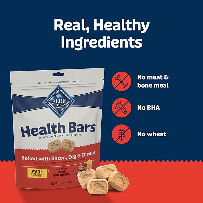 Blue Buffalo Health Bars Mini Crunchy Dog Biscuits, Oven-Baked with Natural Ingredients, Bacon, Egg & Cheese, 32-oz Bag