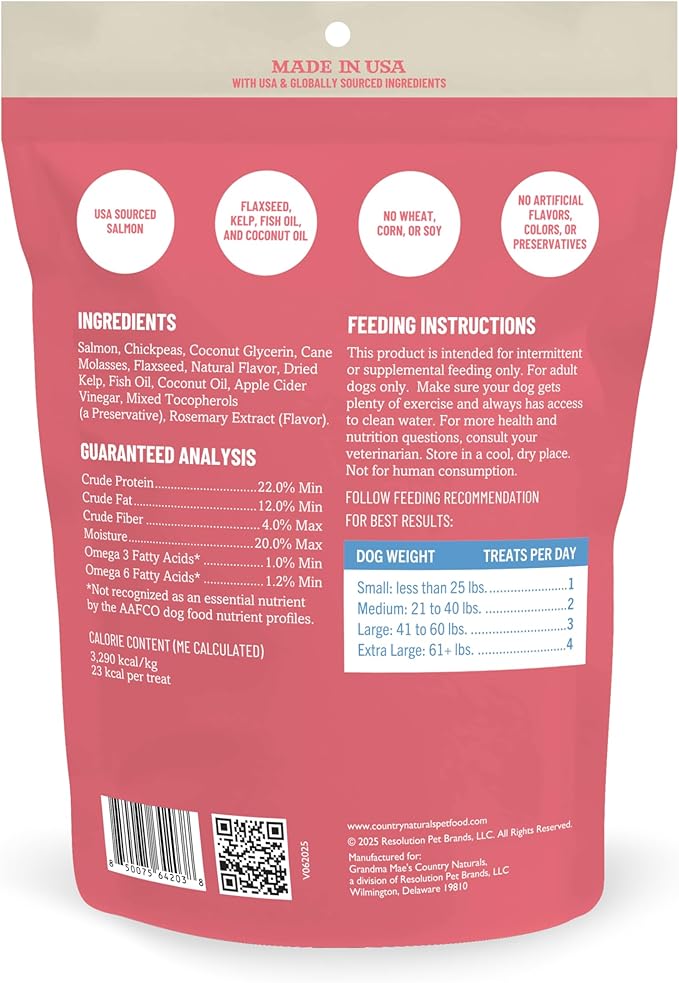 Grandma Mae's Country Naturals Jerky Squares Skin & Coat Dog Treats, Salmon with Flaxseed, Kelp, Fish Oil & Coconut Oil, No Wheat, Corn, or Soy, Made in USA, 5 oz
