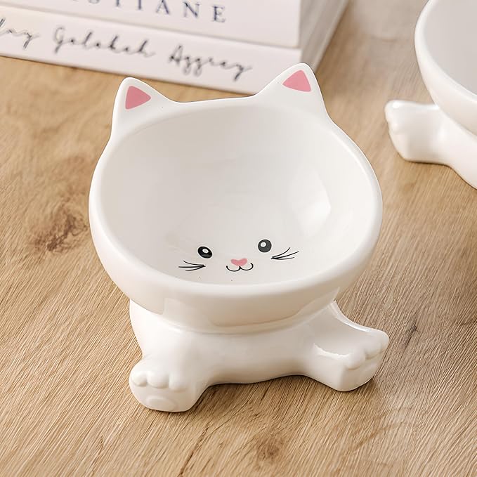 Elevated Cat Bowls, 4.9 Inch Ceramic 3D Raised Cat Food Bowl for Whisker Fatigue, Slanted Cute Kitten Food Bowl & Porcelain Water Dish 4.5 OZ, Anti-Vomiting, Protects Pet’s Spine, 1 Piece