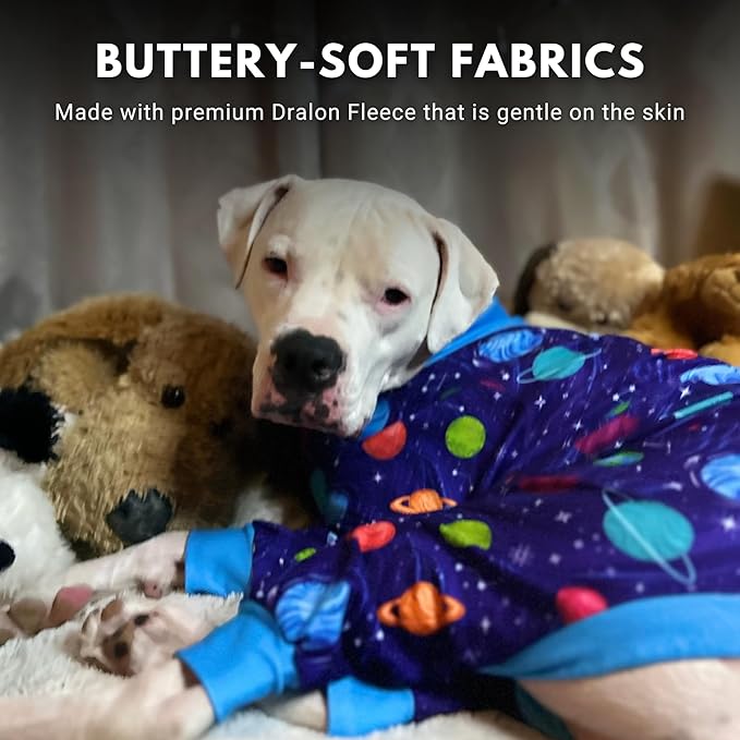 Spark Paws Dog Pajama, Dog Recovery Suit Male, Onesie, Ultra-Soft and 4-Way Stretch, for Small Medium and Large Breeds - Planets - L
