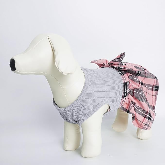 PUPTECK Classic Plaid Dog Dress Pet Apparel with Cute Bowtie Puppy Clothes Outfit,Grey,S
