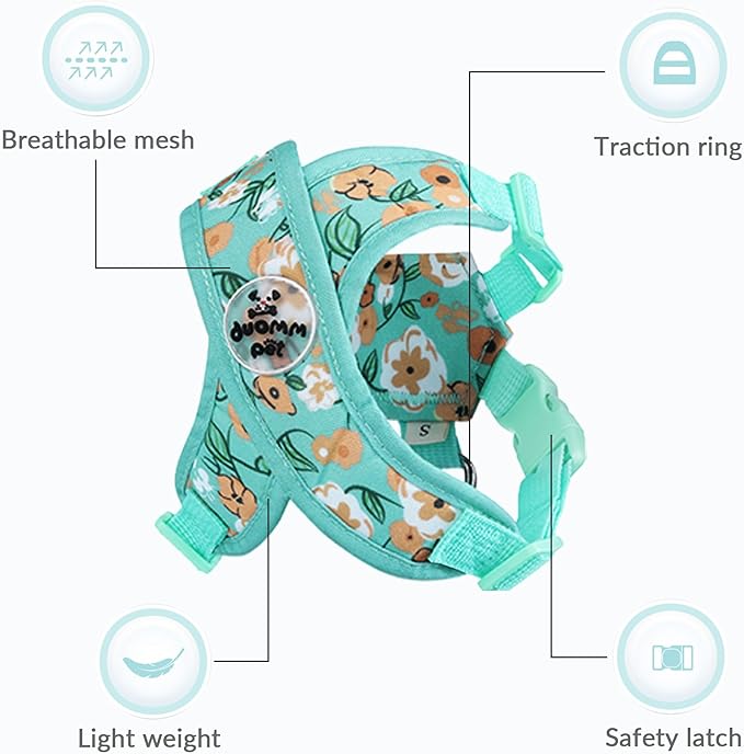 Patas Lague Dog Harness with Leash Set Adjustable Soft Padded Step-in Dog Vest No Choke No Pull Reflective for Medium Pets with Poop Bags and Dispenser, Solid and No-chew, Floral Green L