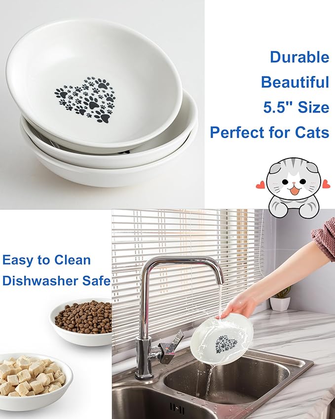 Ceramic Cat Bowl Whisker Friendly – Wide Shallow Cat Food Dish with Non-Slip Base, Dishwasher Safe Feeding Bowl for Indoor Cats