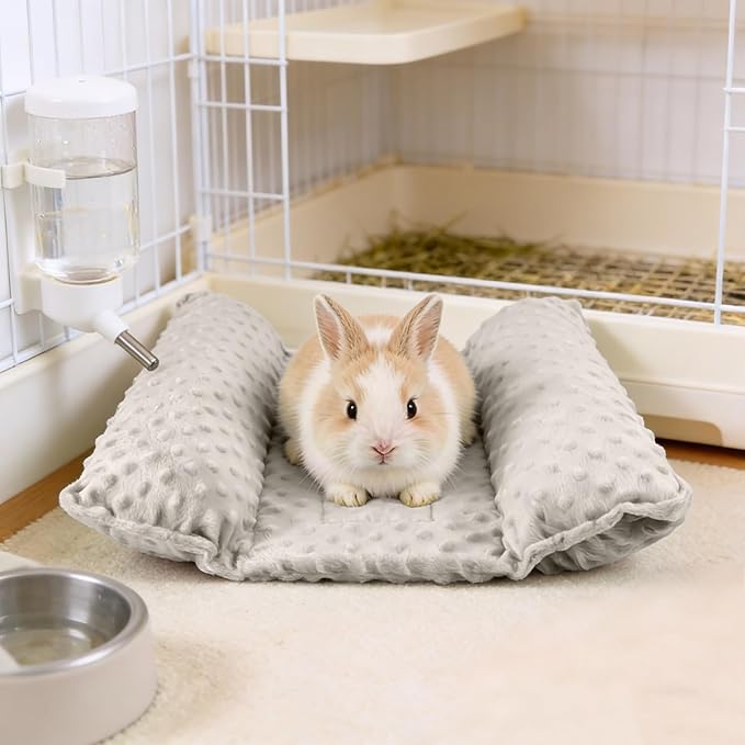 Rabbit Bed, Soft Dot Fleece Bunny Mat, 17x17In Small Animal Pillow for Guinea Pig, Reversible, Washable Pet Cushion Light Gray