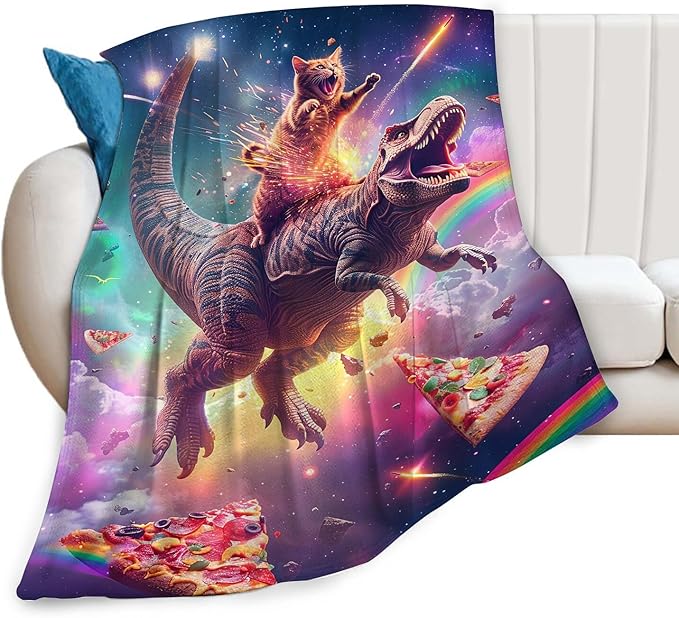 Funny Dinosaur and Cat Blanket Universe Rainbow Pizza Dino Cat Throw Blanket Gifts for Girls Women Kids Adults Super Soft Cozy Plush Fluffy Fuzzy Fleece Blanket Home Decor 60''X80''