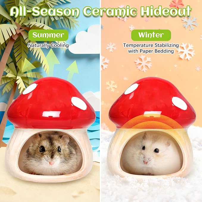 BNOSDM Ceramic Hamster Hideout and Food Bowl Set Cute Mushroom Shape Hamster House and Habitat Cool Hamsters Hide Suitable for Syrian, Mice, Dwarf Hamsters, Gerbils (Red)