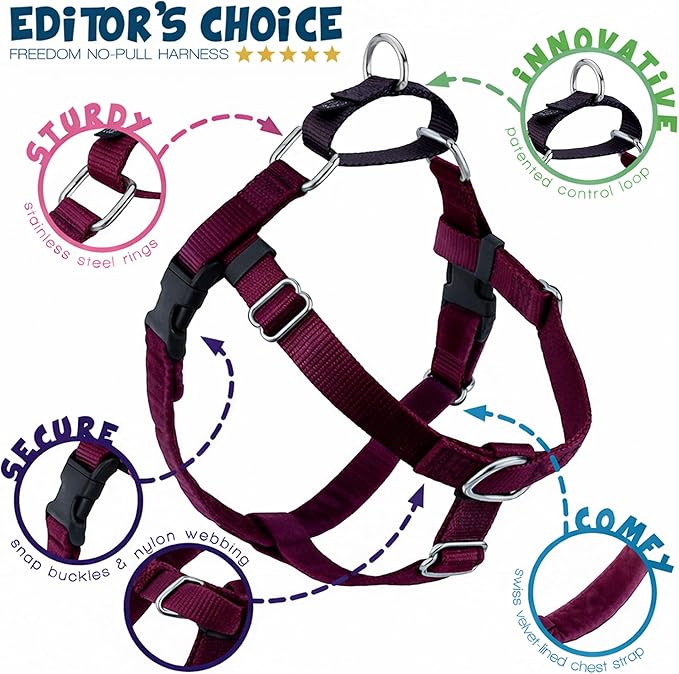 2 Hounds Design Freedom No Pull Dog Harness, Adjustable Harness, Easy Walking & Comfortable Control, Fits Small, Medium & Large Dogs, Solid Colors, Made in USA, 5/8" SM, Burgundy