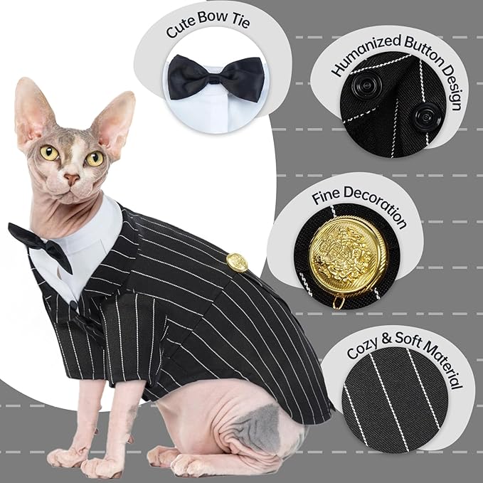QBLEEV Cat Tuxedo Outfit, Formal Cat Suit Costume with Bow Tie, Sphynx Hairless Clothes for Cats Only, Kitten Wedding Birthday Party Attire Apparel for Male Boy, Cute Small Pet Gentleman Formal Wear