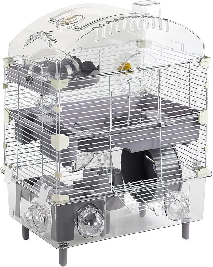 Multilevel Hamster Cage Starter Kit 18″Lx11″Wx23″H for Dwarf Hamster Under 3″ in Length with Platforms, 3 Tube Ports, Bathtub, Food Bowl, Steps, 2 Exercise Wheels, Doors, House, Water Bottle