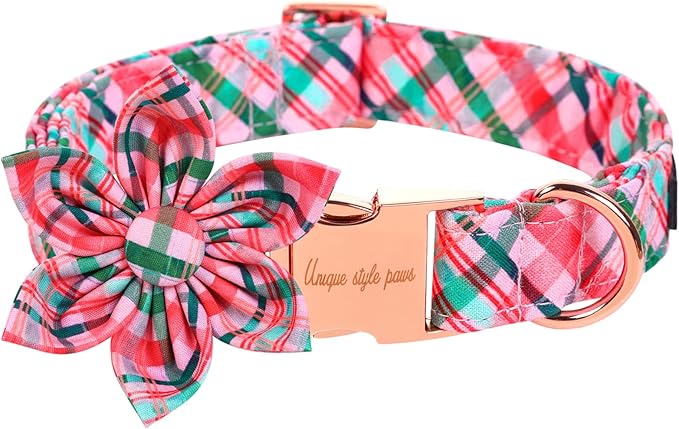 Unique style paws Cotton Dog Collar with Bow Christmas Puppy Collar with Red Green Plaid for Small Medium Large Boys Girls Dogs