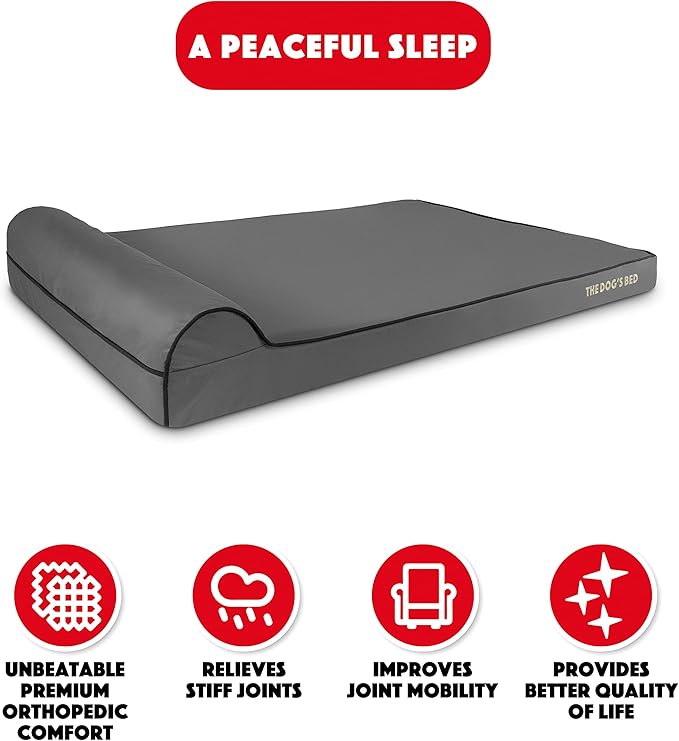 The Dog’s Bed Orthopedic Memory Foam Dog Bed with Headrest, Calming Surface – CertiPUR-Certified Foam, Oxford Fabric, Grey with Black Trim, XXL, 4-Inch