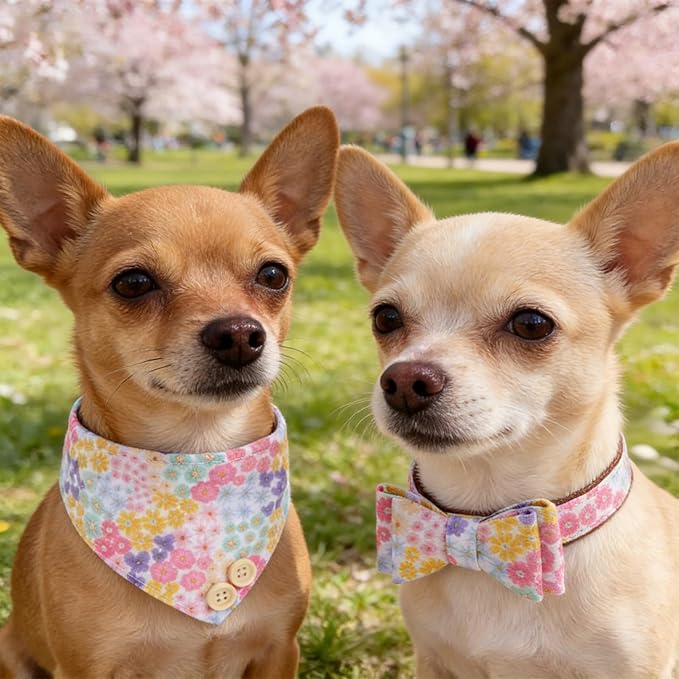 KOOLTAIL Spring Dog Collar and Leash Set with Bowtie and Bells - Cute Fancy Puppy Collar and Leash for Boy or Girl with Flower Pattern, Soft Leather Tangle Free Leashes for Small Dogs,Cats