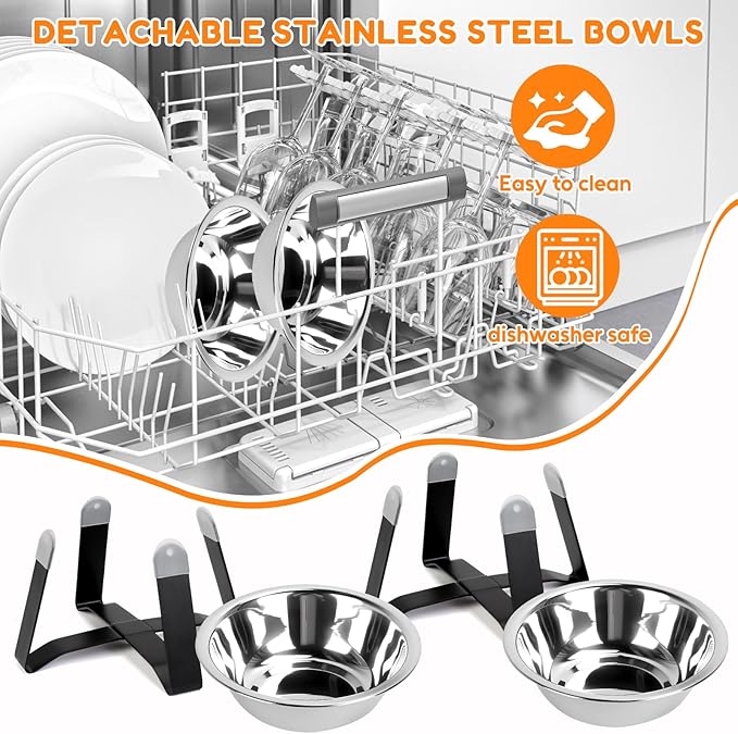 2 Pack Raised Cat Bowls Holder with Non-Slip Mat Stainless Steel Cat Feeder Elevated Pet Water Food Bowls for Cats Puppies Rabbits (Black)