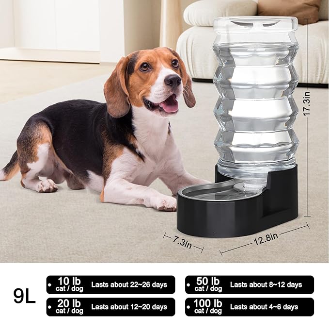 RIZZARI 9L Dog Water Dispenser: Black Stainless Steel Automatic Gravity Feeder - Helps Prevent Urinary Stones - Ideal for Active Dog Owners & Multi-Dog Homes-Perfect for Home -Garage & Balcony Use