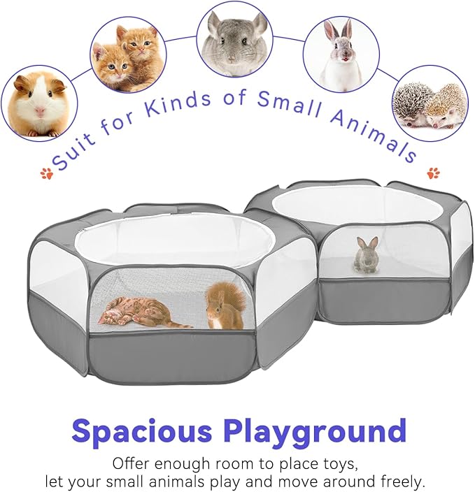 Pawaboo Small Animals Playpen, Portable Chicken Coop Run Large Chick Brooder with Zipper Splicing, Pop Up Pet Enclosure Cat Tent for Guinea Pig Bunny Puppy Indoor Outdoor, Gray