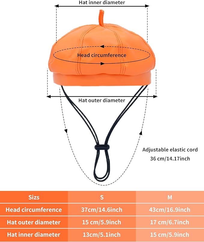 PET SHOW Dog Beret Hat for Small Dogs Cats Party Holiday Headband Cap French Leather Berets with Adjustable Chin Strap Cute Fashion Puppy Hats Pets Costumes Accessories(Orange,S)