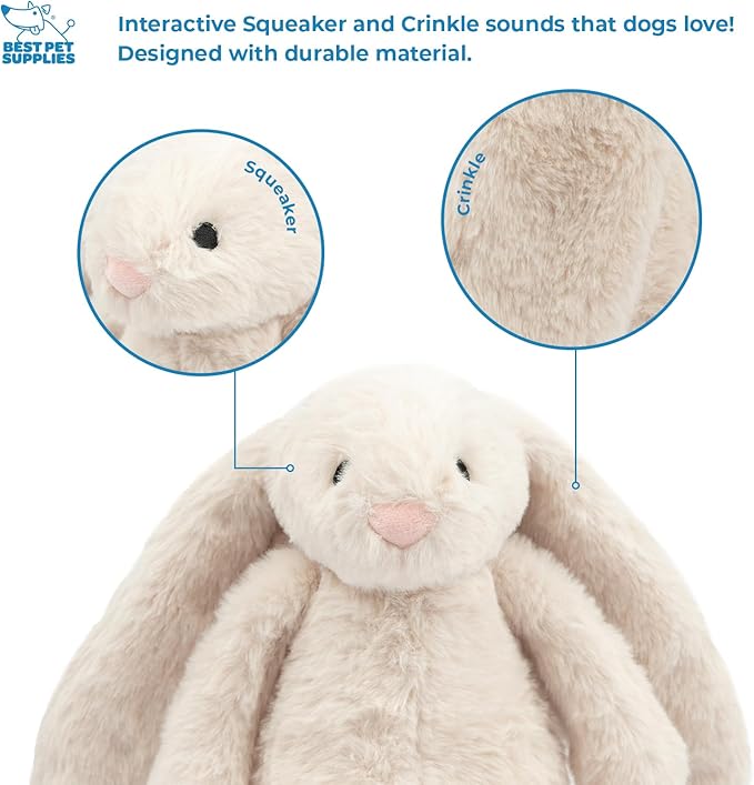 Best Pet Supplies Interactive Squeaky Dog Chew Toy, Ideal Dog Toys for Chewers, Small, Medium & Large Dogs, and Fetch Lovers - Bunny (Beige), Large