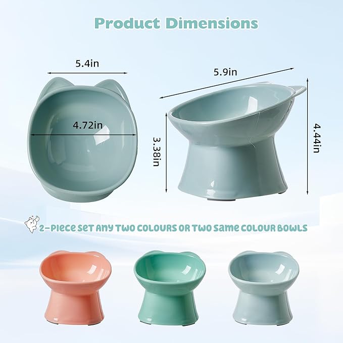 KSIA Klear Elevated Cat Bowls 2 Pack, Tilted Raised Cat Bowls for Indoor Cats, for Food and Water, 4.72" Wide, Whisker Friendly Anti Vomit for Indoor Cats, Microwave and Dishwasher Safe, Pink&Blue
