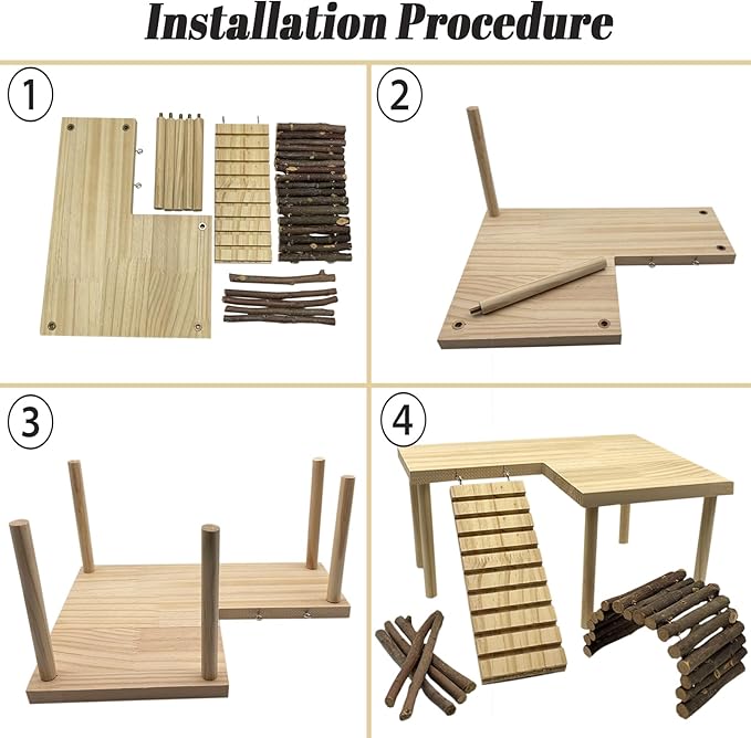 Wooden Hamster Platform with Legs, Small Syrian Hamsters Climbing Platforms with Ramp Kit Wood Ladder Bridge Rat Playing Toy Standing Table Gerbil Cage Accessories