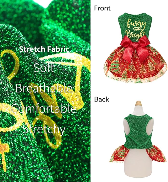 Fitwarm Furry and Bright Dog Christmas Outfit, Sparkly Pet Holiday Tulle Dress, Winter Clothes for Small Dogs - Girl, Christmas Tree Outfit - Red, Green, Golden, Medium