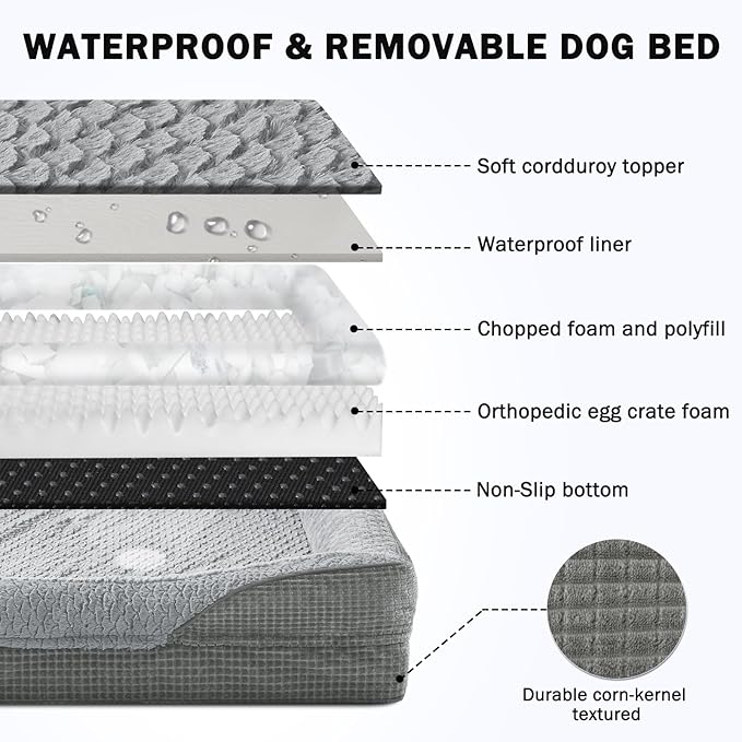 INVENHO Orthopedic Dog Beds Large Sized, XL Washable Egg-Crate Memory Foam Dog Couch Bed with Washable Removable Cover, Waterproof Lining and Nonskid Bottom