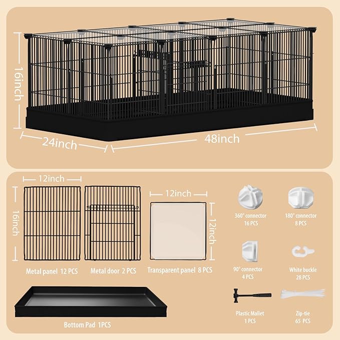 22 Panels Small Animal Playpen, Rabbit Cage with Doors & Waterproof Mat, Metal Wire Yard Fence, The Guinea Pig Cages for Hamsters, Chicken, Hedgehogs, Indoor Outdoor C&C Cage (22PCS-Black-with mat)