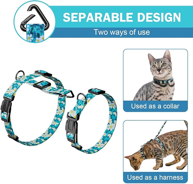 Hikiko Cat Harness and Leash Set Escape Proof Adjustable Walking Travel Cute Girl Kitten Harness for Small Medium Large Cats (Green Flower, M)