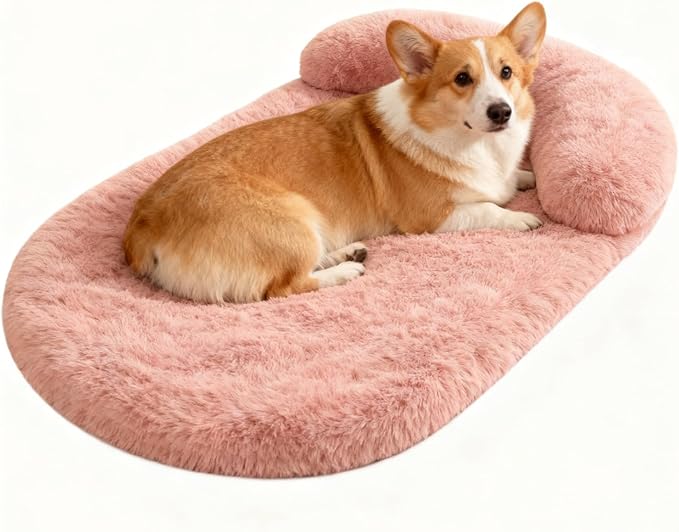 Calming Dog & Cat Beds for Small Medium Dogs Cats, Anti-Anxiety Plush Pets Lounge Couch Sofa Orthopedic Cushion, Soft Fluffy Faux Fur Washable, Fits up to 25 lbs Pets (Oval, Blush 26"x20")