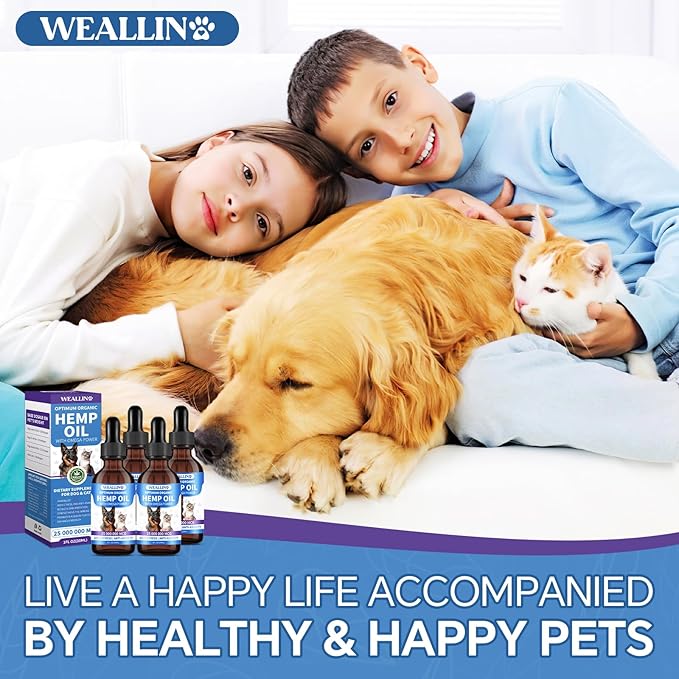WEALLIN Hemp Oil for Dogs and Cats - Omega-3, 6, 9 Rich Organic Extract - Eases Pet Anxiety, Pain, Skin & Coat Health - Stress Relief, Hip & Joint Support - Calming Treats (4 Pack)