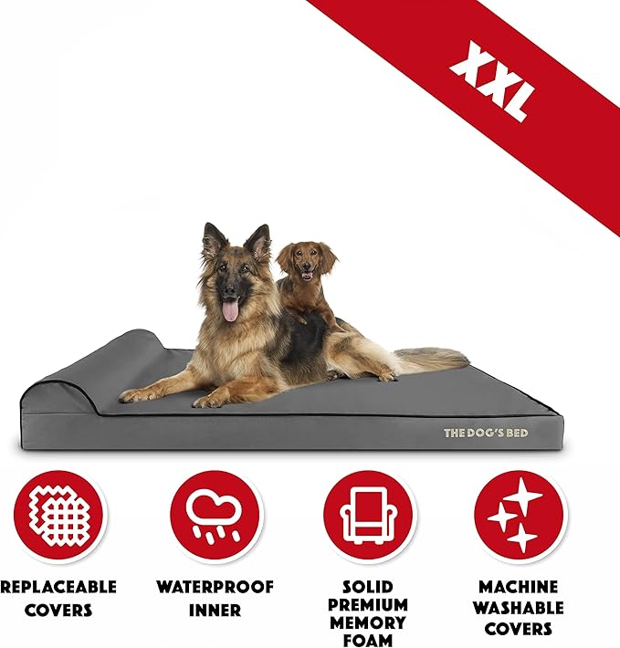 The Dog’s Bed Orthopedic Memory Foam Dog Bed with Headrest, Calming Surface – CertiPUR-Certified Foam, Oxford Fabric, Grey with Black Trim, XXL, 4-Inch