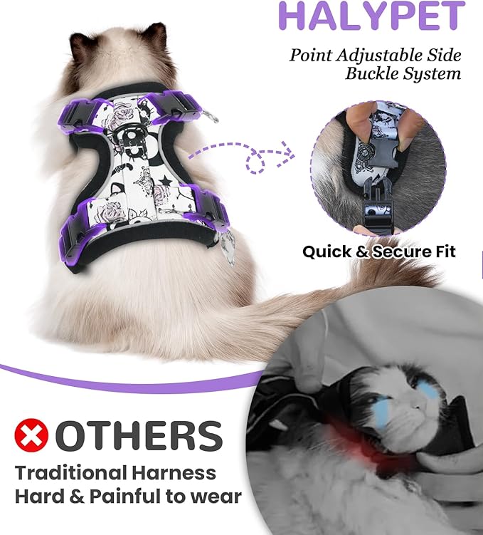 Halypet Cat Harness and Leash Set for Walking, Escape Proof Adjustable Vest Harness with 3-in-1 Integrated Buckles, Easy Control Soft Breathable Mesh with Reflective Strips for Cats, XS,Moonlight Meow