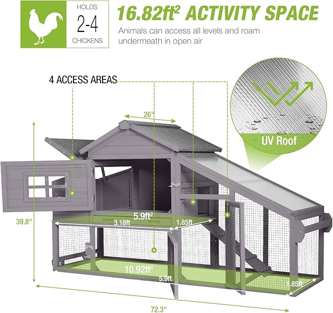 GUTINNEEN Chicken Coop with Wheels, Expandable Hen House Poultry Cage with Run, UV-Protected Roof, Divided Nesting Boxes, Easy One-Person Move, Ideal for 2 Adult Chickens or 4 Bantams, 72.3" L, Grey