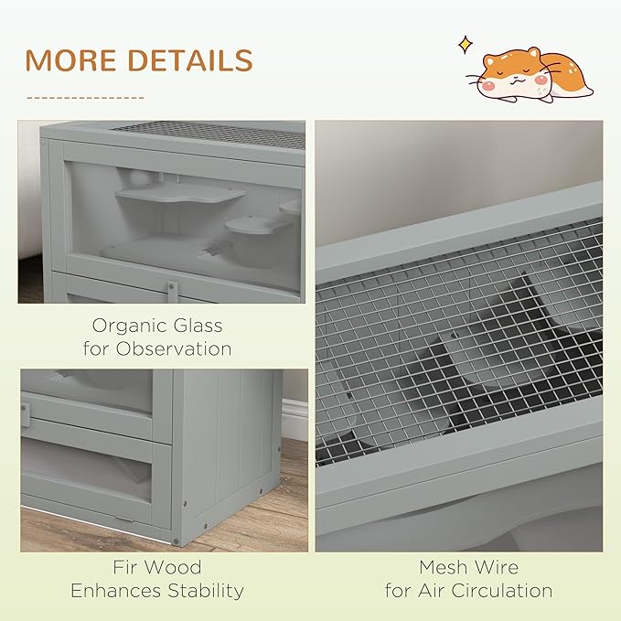 PawHut 2-Level Hamster Cage Mice and Rat House, Small Animal Habitat for Chinchillas with Openable Top, Front Door, Shelf and Ladder, Gray