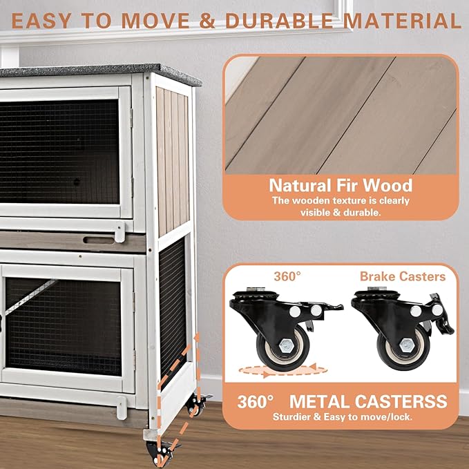 Gowoodhut 36" L Rabbit Hutch Indoor Wooden 2 Story Bunny Hutch Rabbit Cage Outdoor Bunny Cage on 4 Metal Wheels and 2 Deeper Pull Out Trays, Ramp, Guinea Pig Pet House for Small Animals, Grey