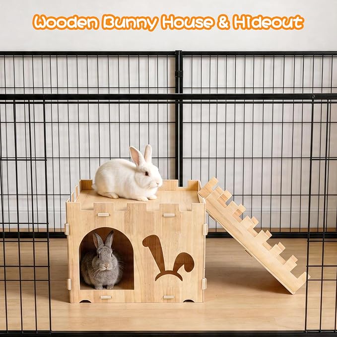 BWOGUE Extra Large Wooden Rabbit Castle Bunny House and Hideouts Detachable Small Animal Play Hideaway Hut for Indoor Adult Rabbit Guinea Pig Chinchilla Habitat