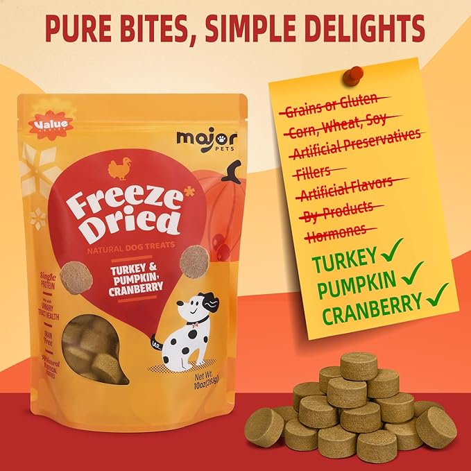 MAJOR PETS Freeze Dried Turkey Dog Treats with Pumpkin & Cranberry, Limited Ingredient High Protein Snacks for Digestive & Urinary Health, Grain Free, Training Reward & Meal Topper, Made in USA, 5oz
