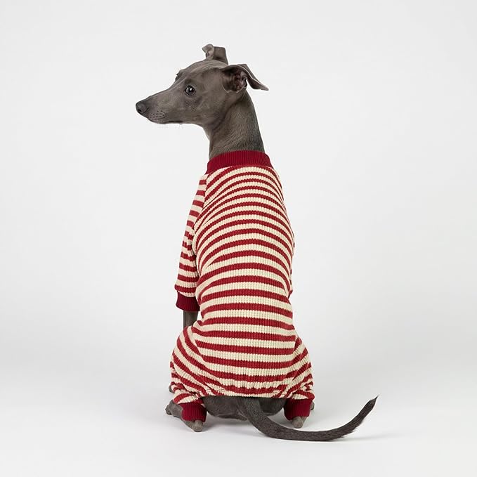 Fitwarm Red and White Striped Dog Pajamas, Waffle Dog Clothes for Small Dogs Girl Boy, Puppy Onesie with Feet, Pet Christmas Outfit, Small