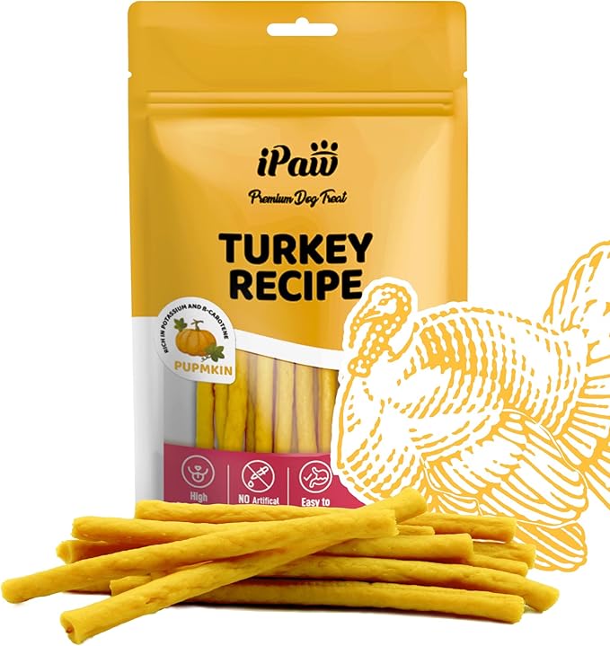 iPaw Turkey Dog Treats, All Natural Human Grade Dog Treat, Suitable for Training chew, Hypoallergenic, Rawhide Alternative, Thin Stick (Pumpkin)