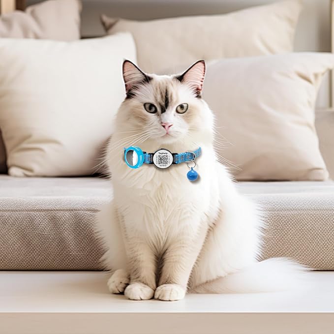 3 Pack Paw Print Cat Collars - Breakaway Safety Collar with Waterproof Apple AirTag Holder, Adjustable Kitten Collar Set - Ideal Pet Supplies & Gifts, No App (Black, Blue, Pink)