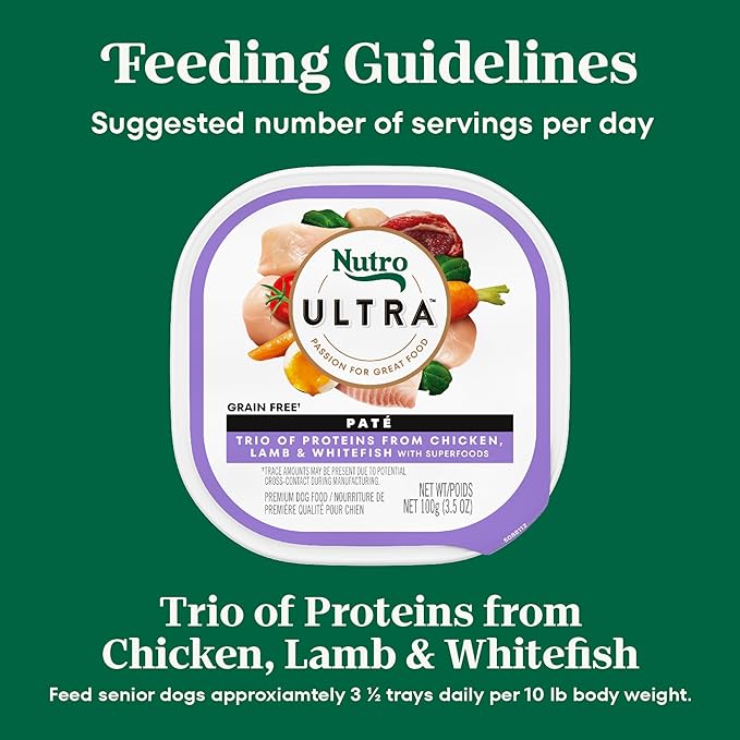 Nutro Ultra Dog Food, Wet Dog Food, Pate Trio of Proteins: Chicken, Lamb & Whitefish, 3.5 oz. Trays (24 Count, Pack of 1)