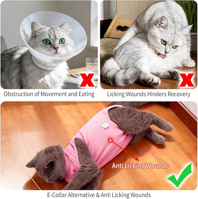 HEYWEAN Cat Recovery Suit Soft Onesie After Surgery for Female Male Cats Breathable Spay Abdominal Wound Protection Cone Alternative (Pink, Medium)